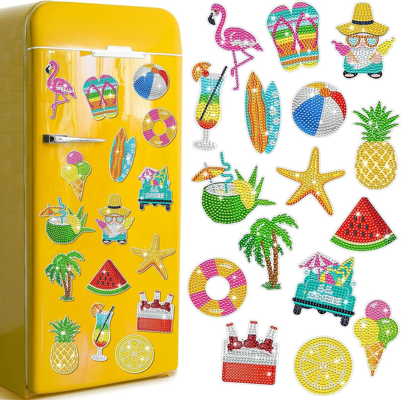 16 Pcs Summer Diamond Art Magnets for Refrigerator Beach Hawaiian Fridge Diamond Painting Magnets Kits
